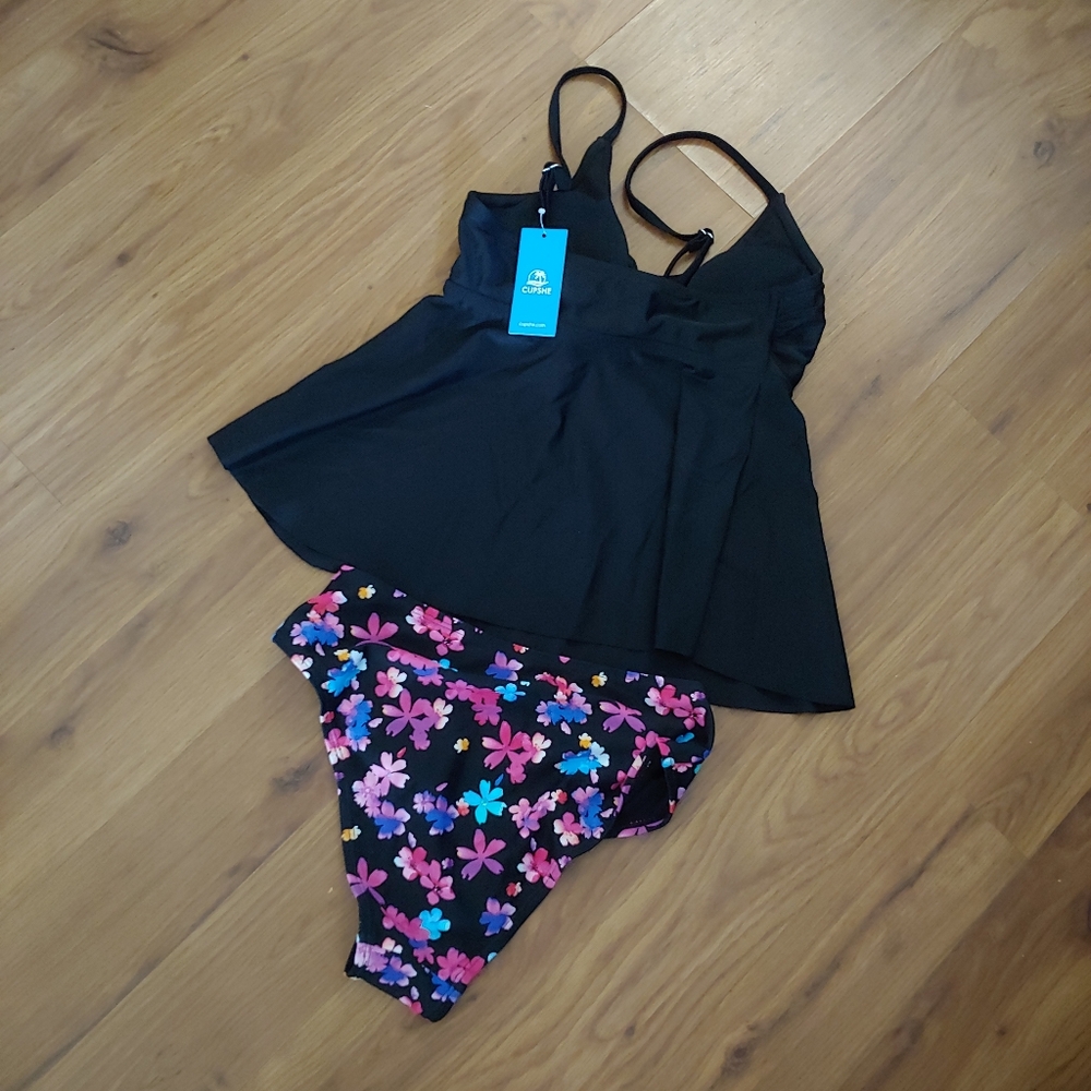 NWT Cupshe Black Floral Two Piece Flounce Bikini Tankini Swimsuit Bathing XS - Picture 4 of 9